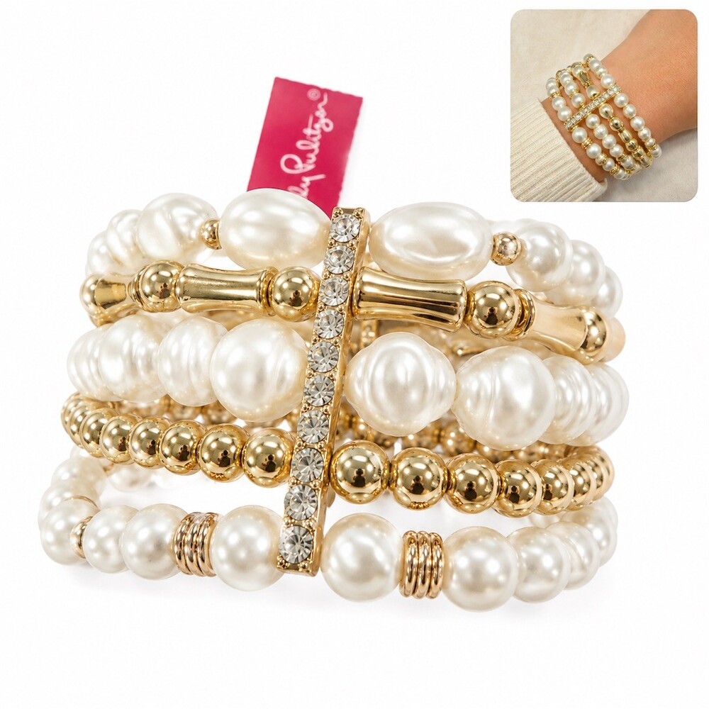 Lilly Pulitzer Bracelet statement Pearl Stretch Rhinestone chunky stack new gift